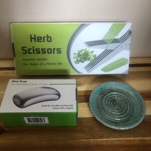 NIB Set of Herb Scissors, Steel Soap Set, and Ceramic Garlic Grater